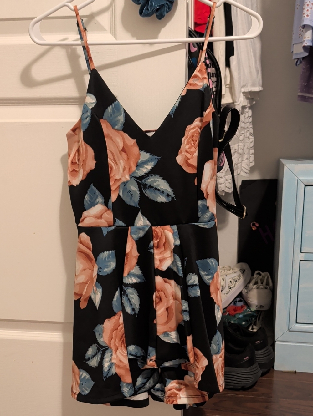 Purple Snow Black Floral V-Neck Spaghetti-Strap Mini Dress